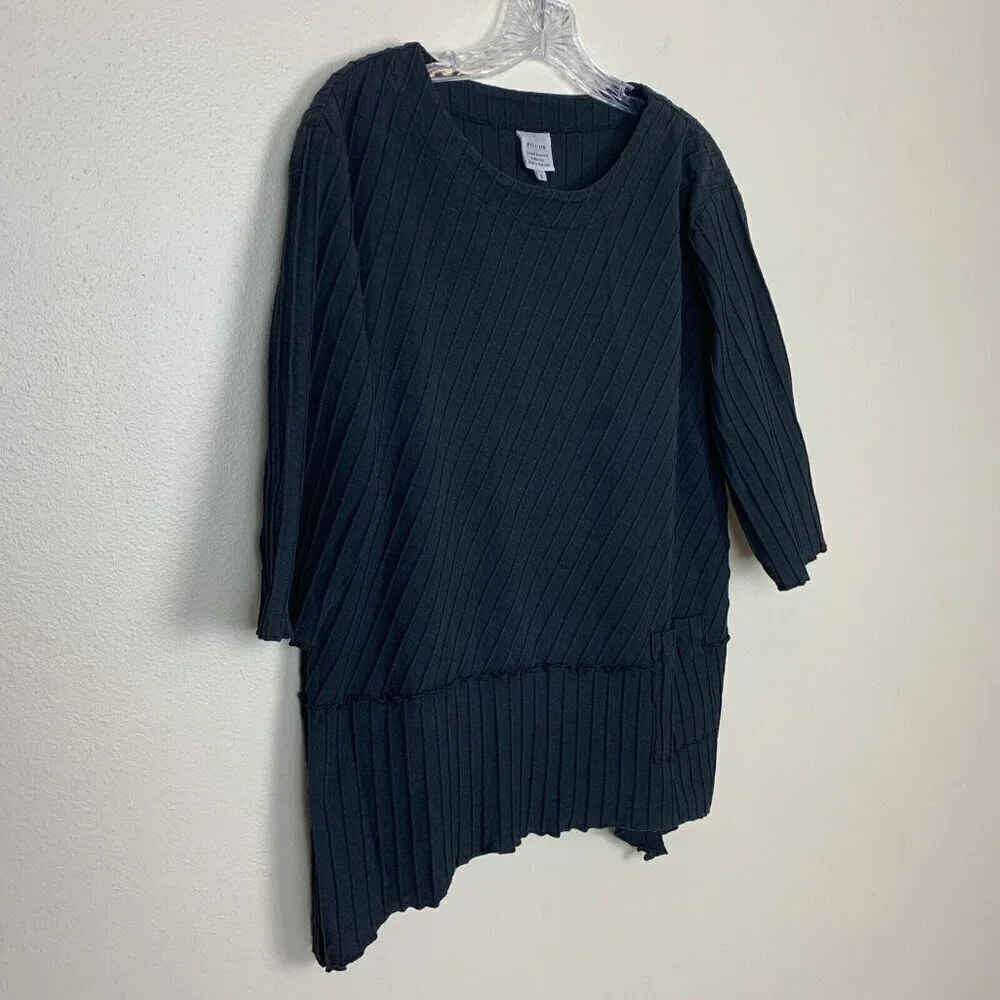Focus Casual Life 3/4 Sleeve Tunic Top Black Knit Pocket Lagenlook Womens S